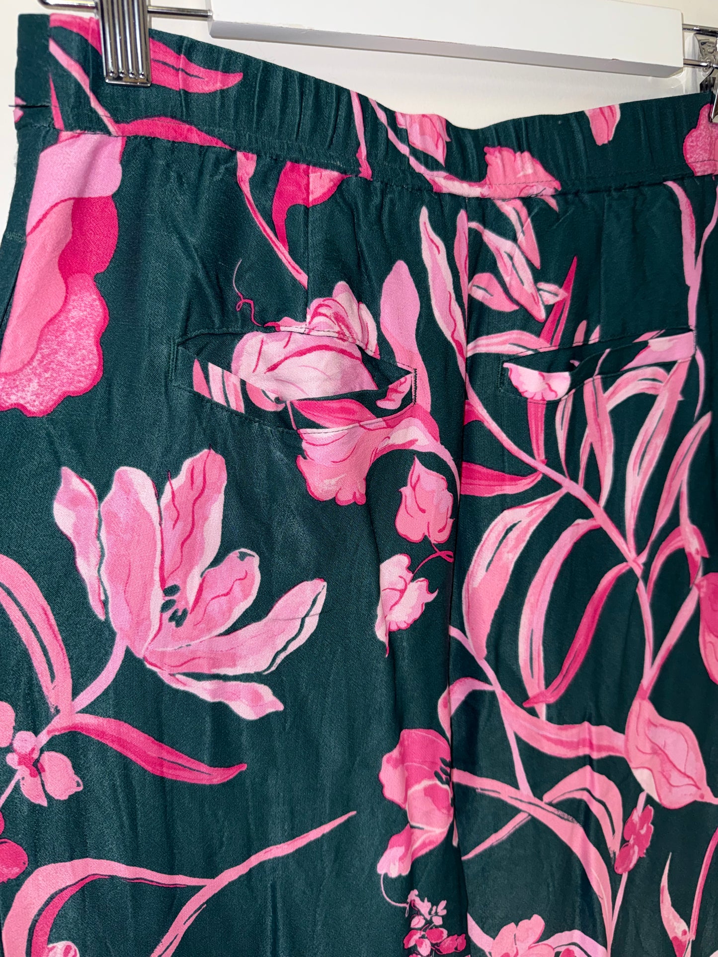 Anthropologie (4) Green Straight Pants with Pink Floral Pattern