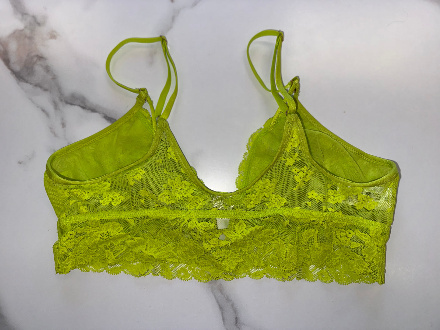 aerie (Medium) Neon Green/Yellow Floral Lace Bralette with V-Neck Cutout