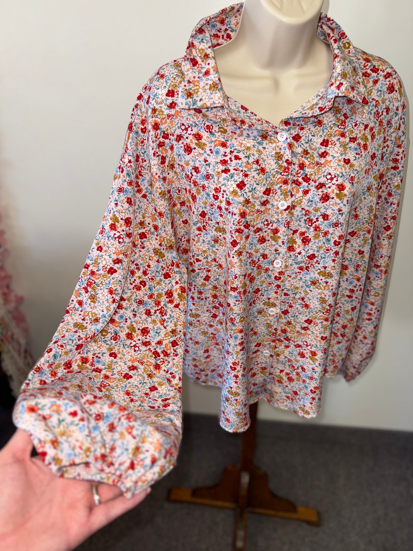 SHEIN (Medium) White Button Up with Colorful Floral Pattern