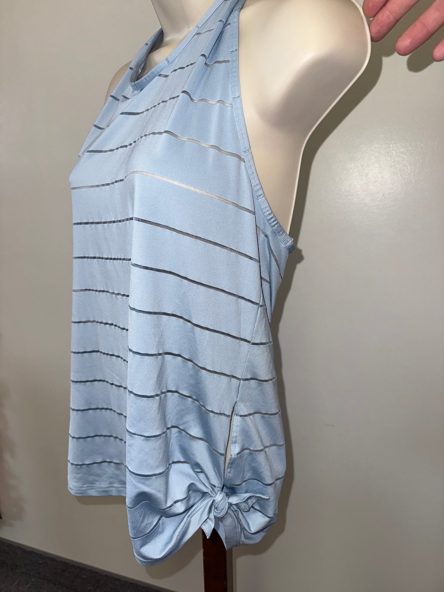 Athleta (Medium) Blue with See Thru Stripes Racerback Open Back Tank Top