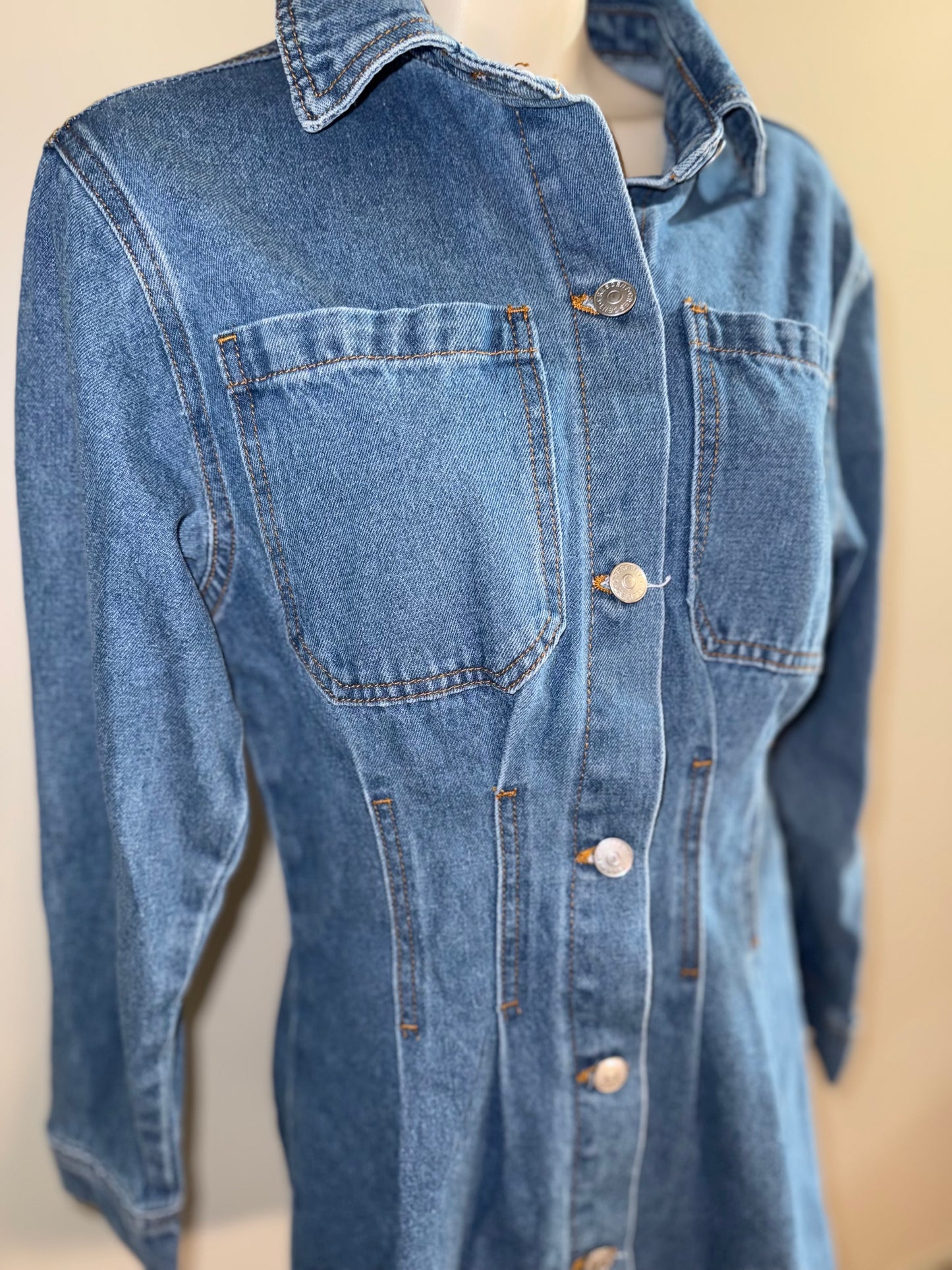 NWT Crescent (Small) Brand New Blue Denim Button Up Dress with Corset Waist