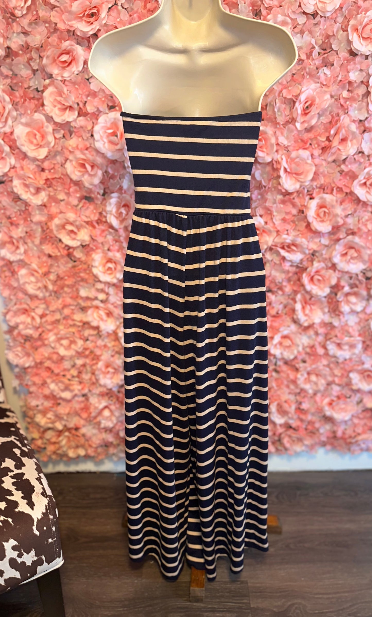 By Together (Small) Navy Blue Striped Strapless Jumpsuit