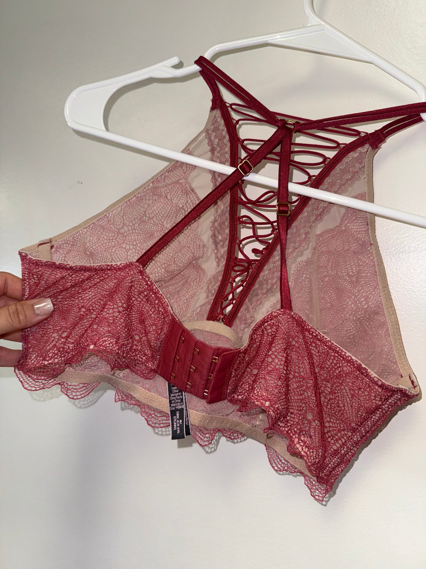 Victoria's Secret (Medium) Red/Nude Lace/Sheer Bralette with Criss Cross Front