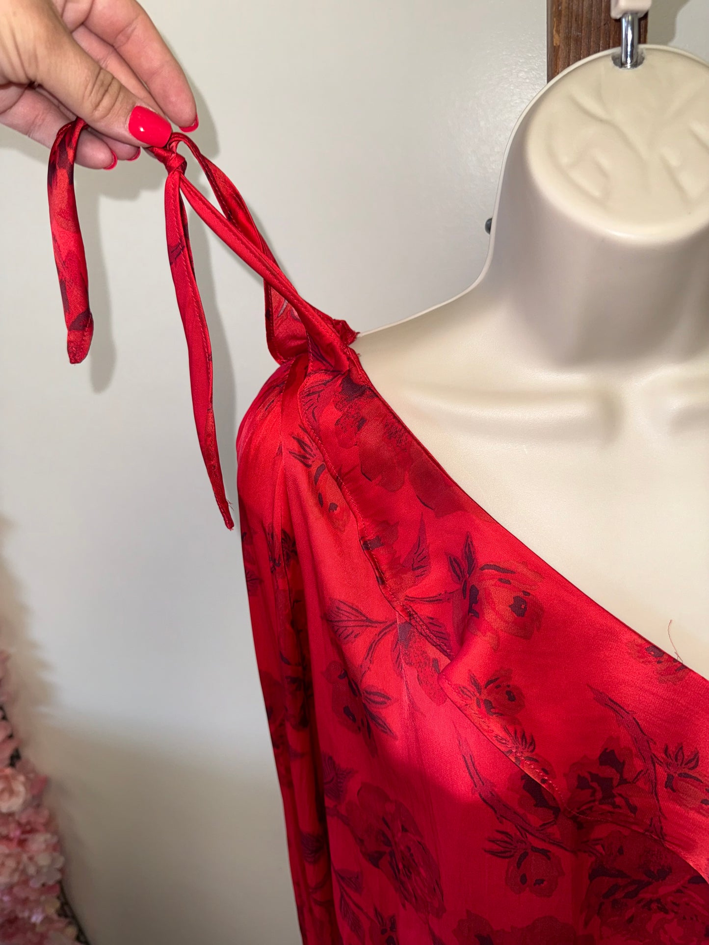 NWT Free People (M) Brand New Red Satin Off-Shoulder Blouse w/ Subtle Flowers