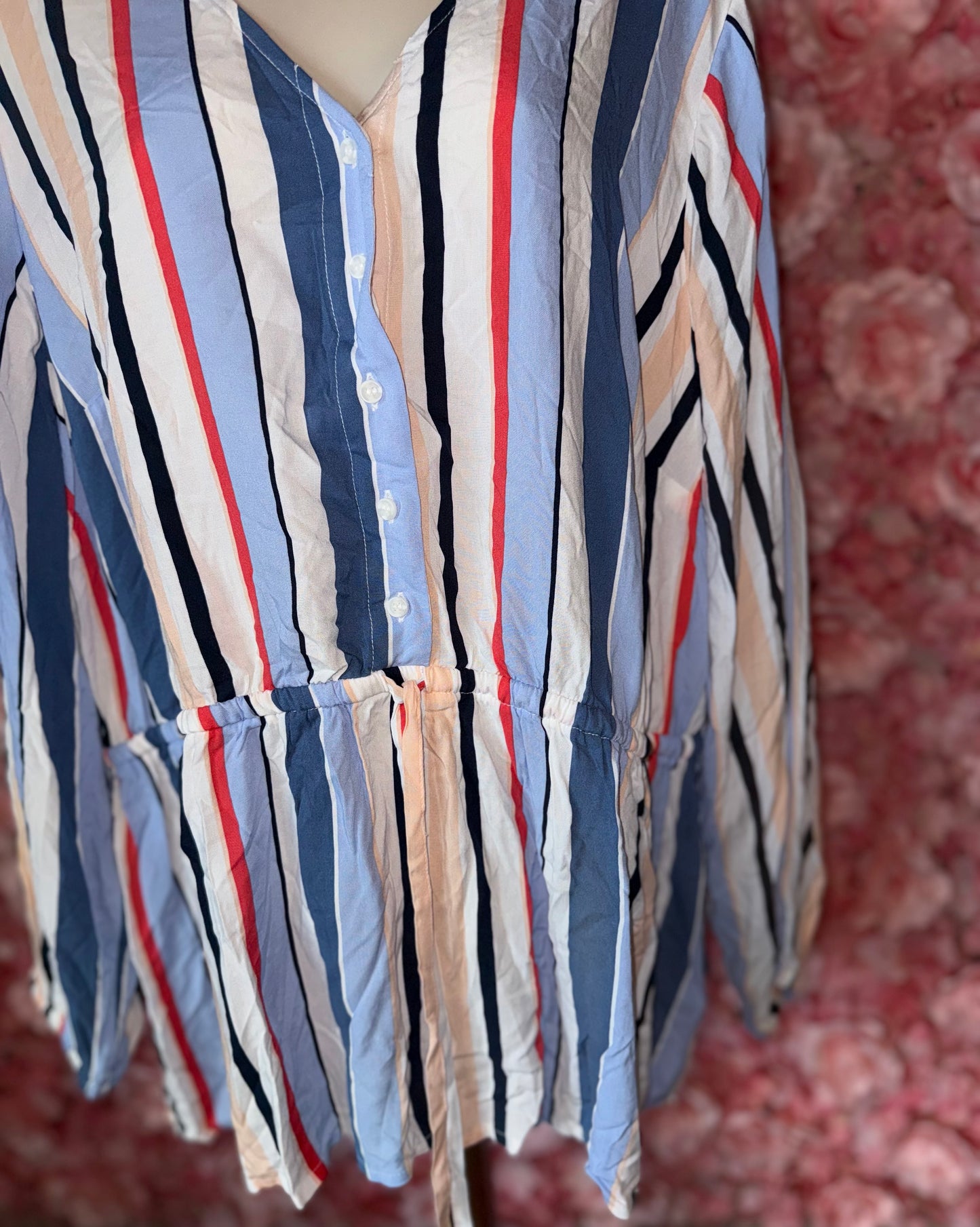 Lane Bryant (22) Colorful Neutral Striped 3/4 Button Up V-Neck Blouse