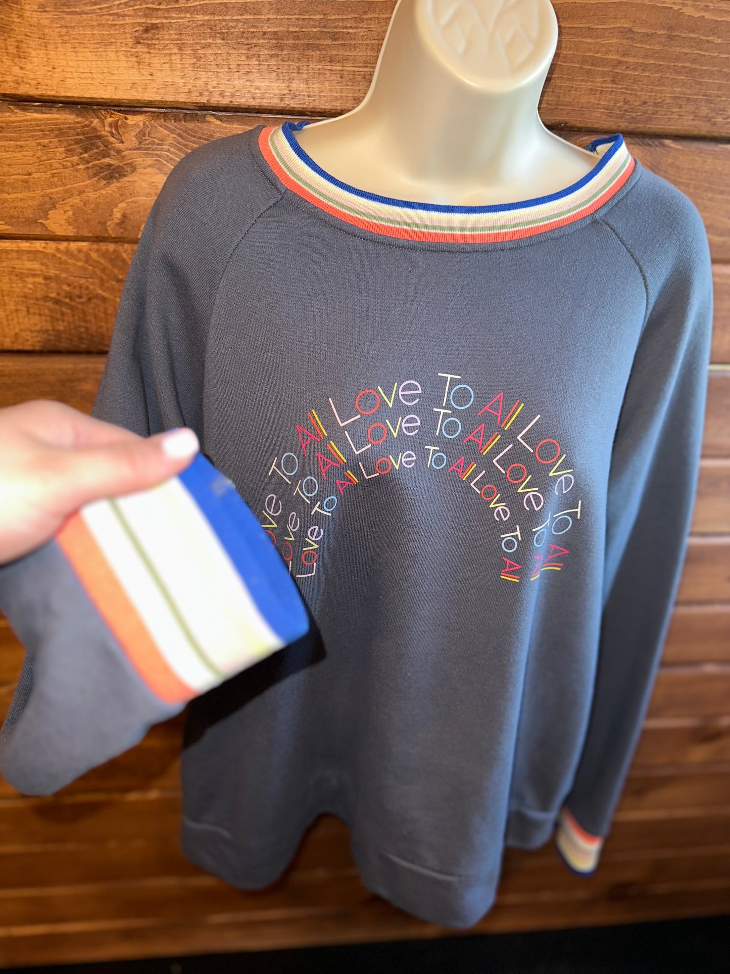 Time & Tru (Large) Grey "Love To All" Crewneck with Colorful Trim Sleeves