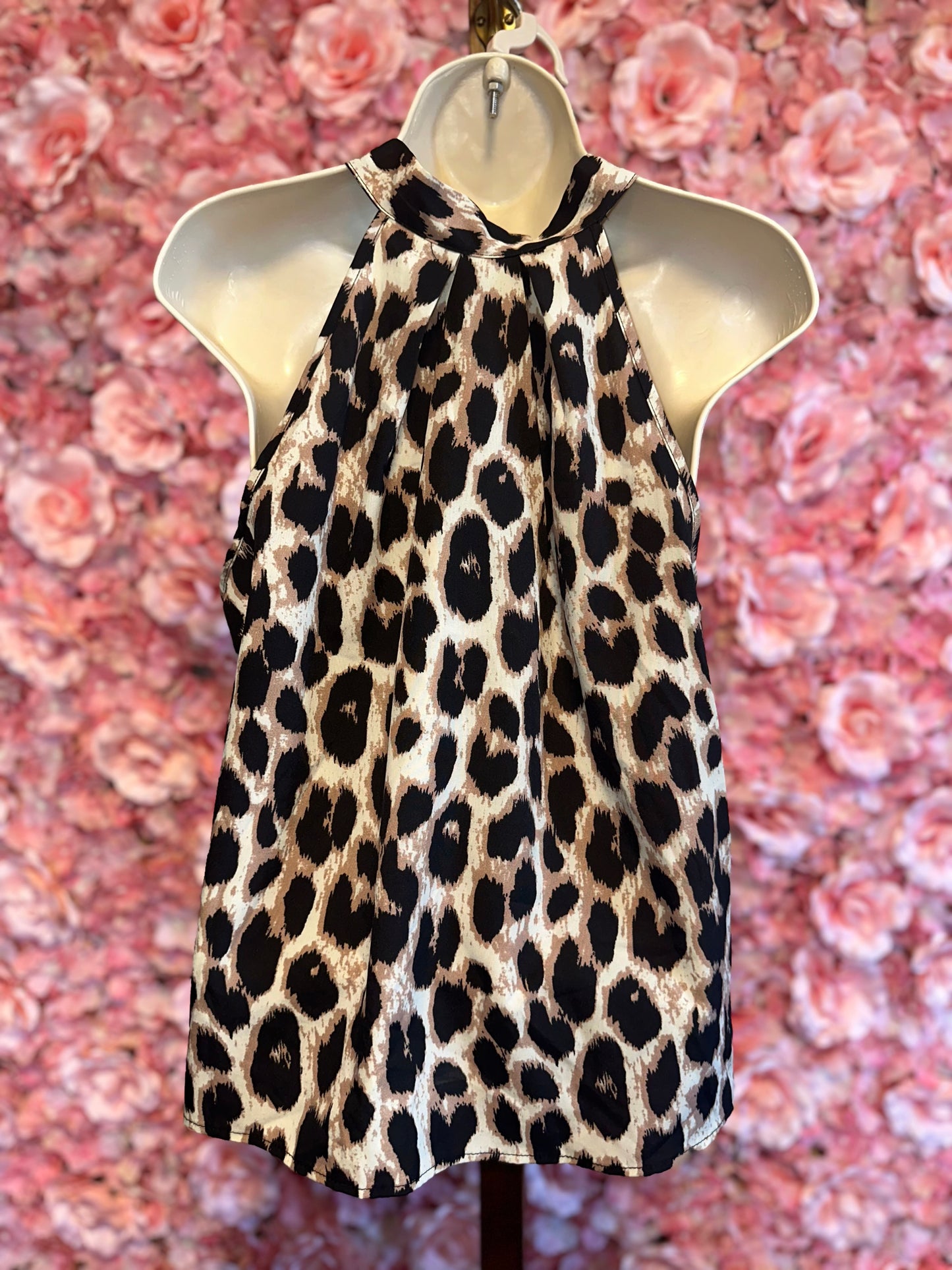 SHEIN Neutral Cheetah Print Lightweight Tank Top with High Neck & Tied Front