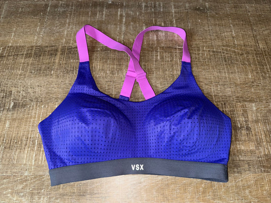 VSX Sport (32C) Blue Mesh Padded Sports Bra with Pink Criss Cross Straps