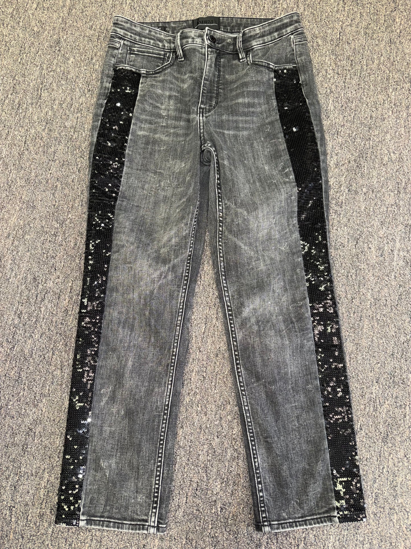 White House Black Market (8) Dark Grey High Rise Straight Jeans w Sequin Sides