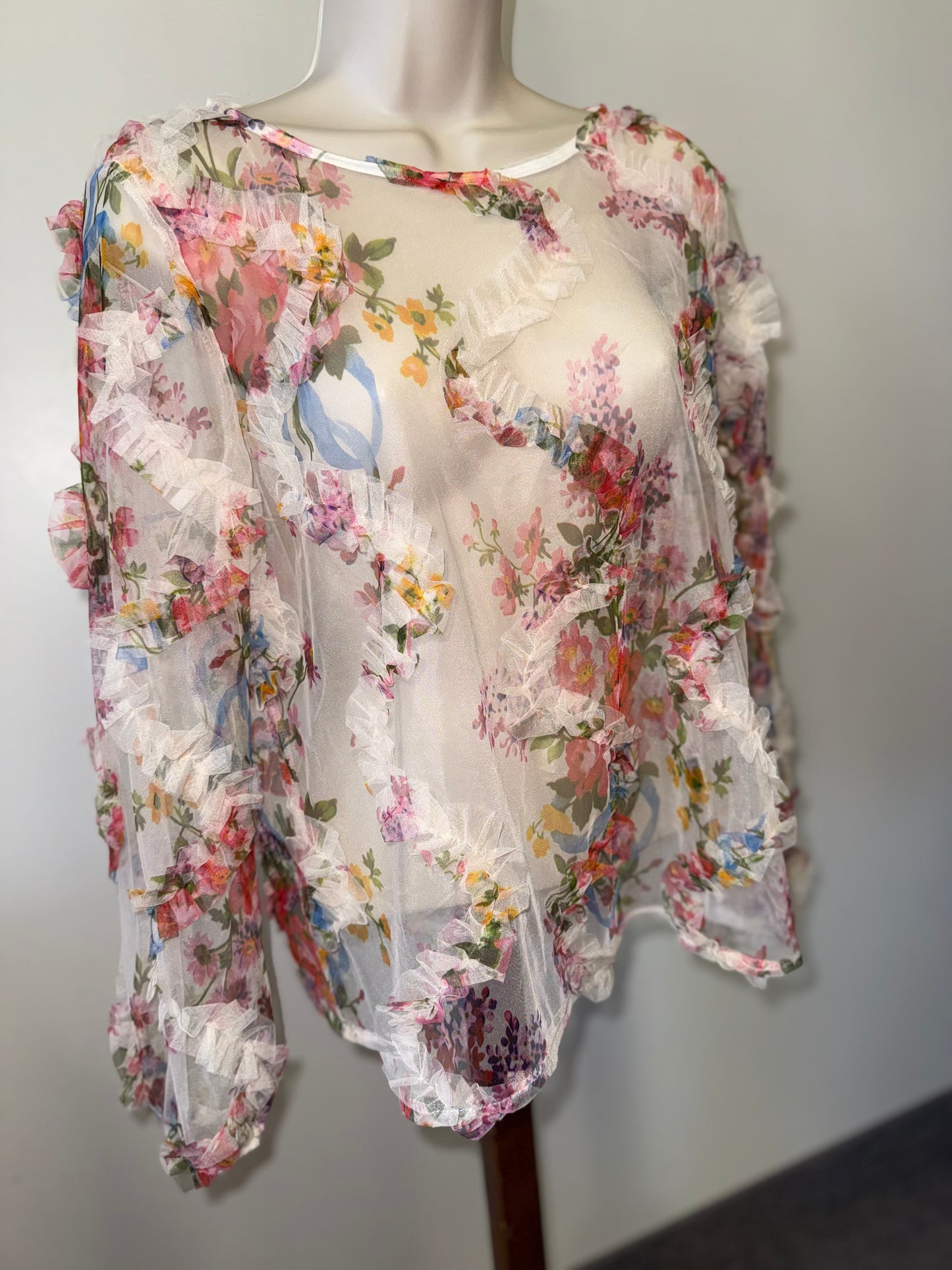 SHEIN (Medium) Neutral Colorful Floral Sheer Lightweight Blouse