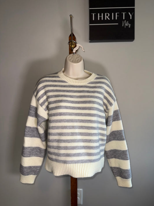 Pink Boutique (Small) Off White & Grey Striped Knit Sweater