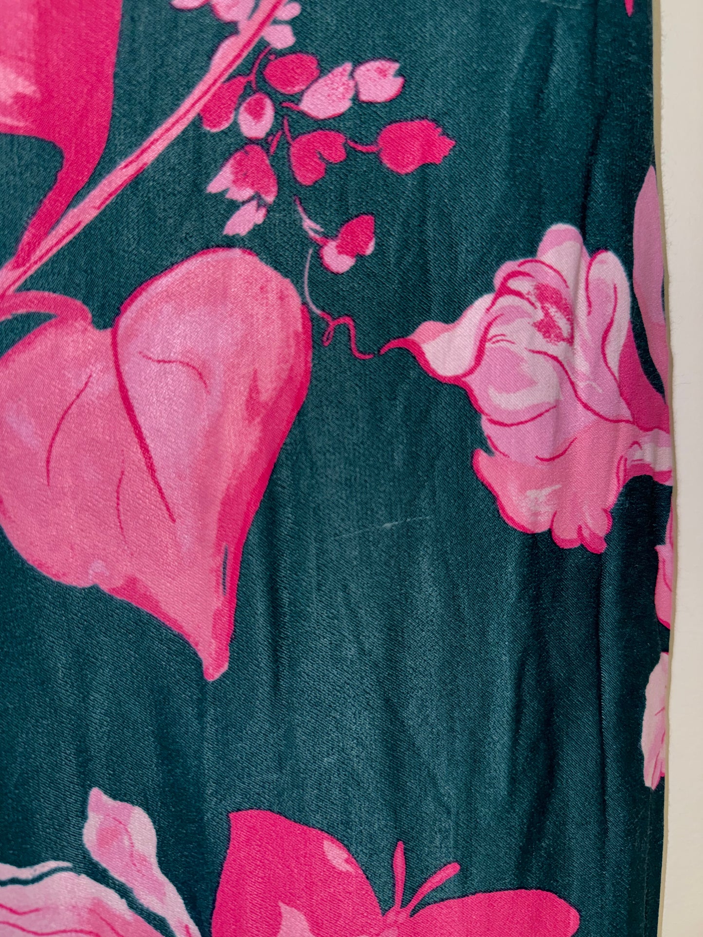 Anthropologie (4) Green Straight Pants with Pink Floral Pattern