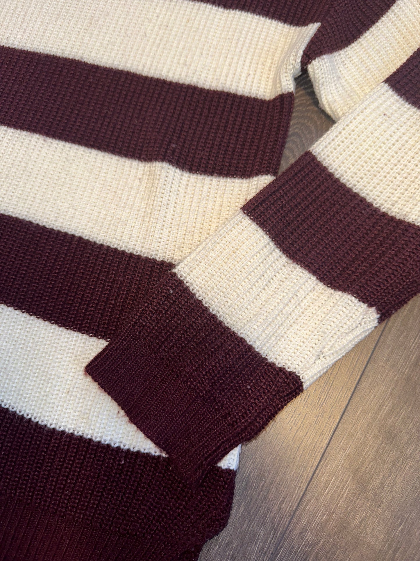 New York & Company (Small) Maroon/White Striped Cold Shoulder Striped Sweater