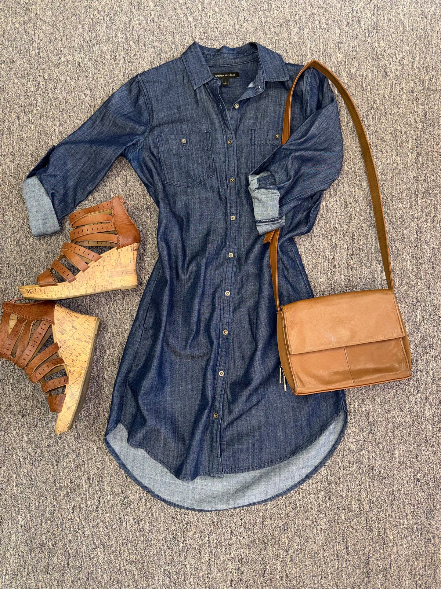 Banana Republic (0) Blue Button Up ¾ Sleeve Midi Dress