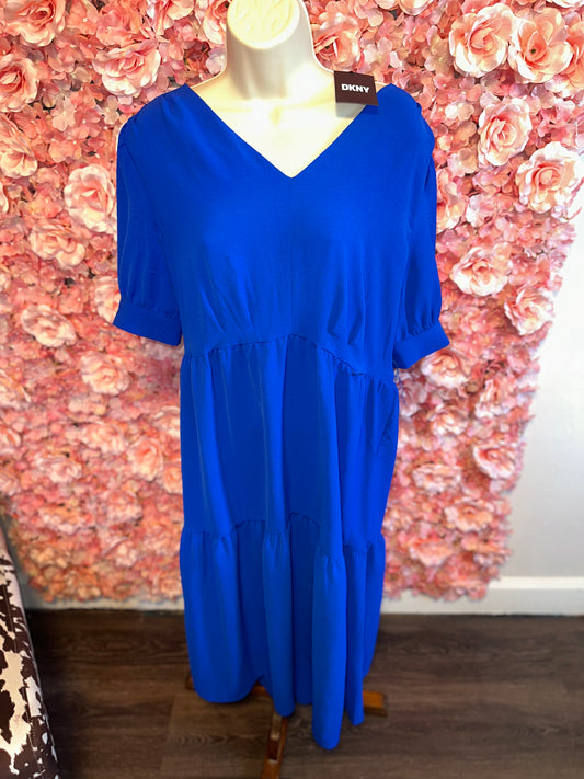 NWT DKNY (12) Brand New Blue Ruffle//Flowy V-Neck Tied Dress