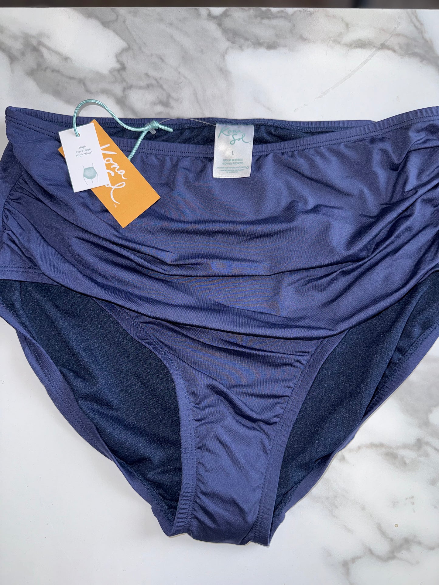 NWT Kona Sol (Large) Brand New Navy Blue High-Rise High Coverage Bikini Bottoms