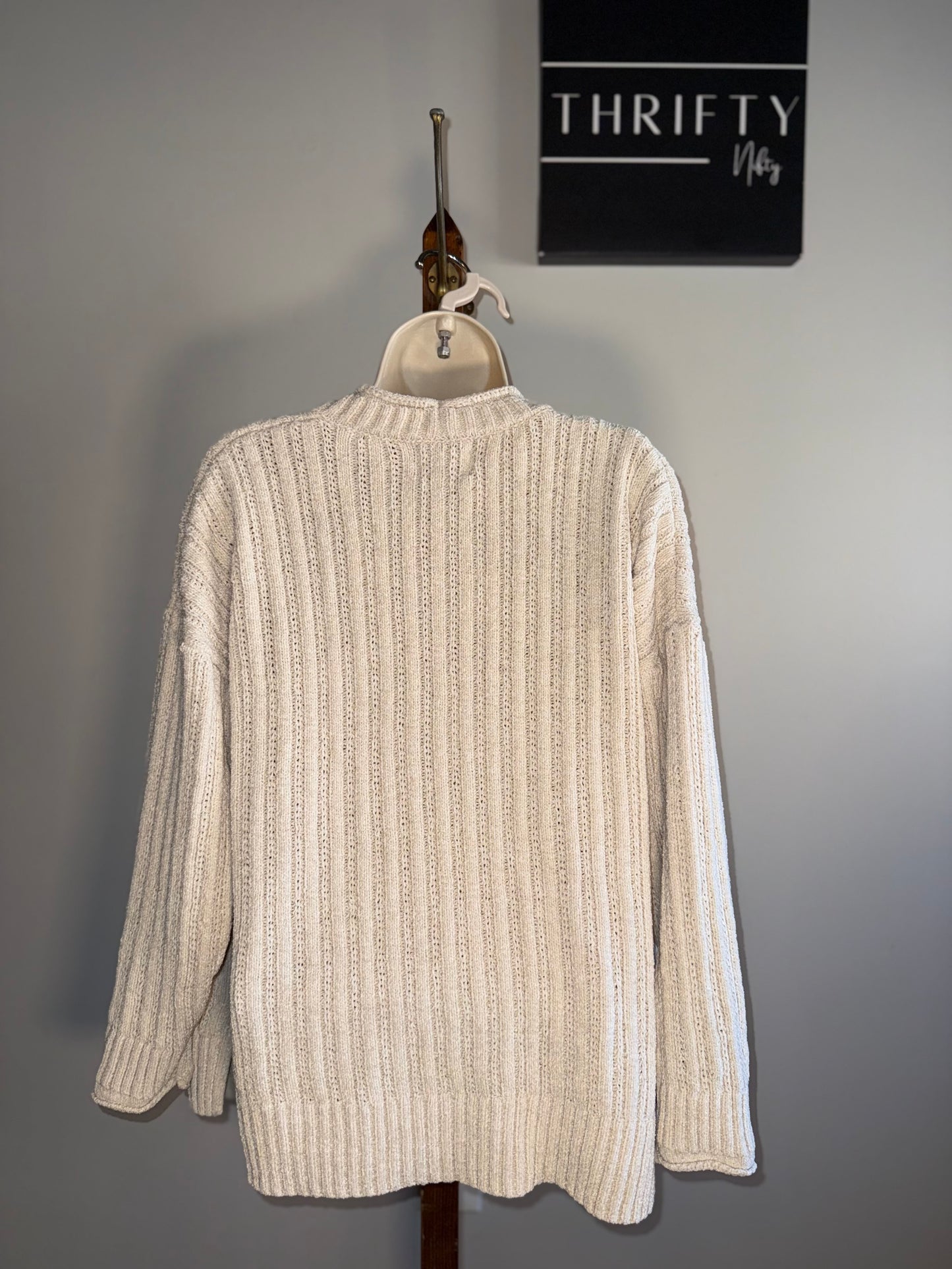 Pink Rose (Large) Cream Knit Sweater Cardigan with Pockets