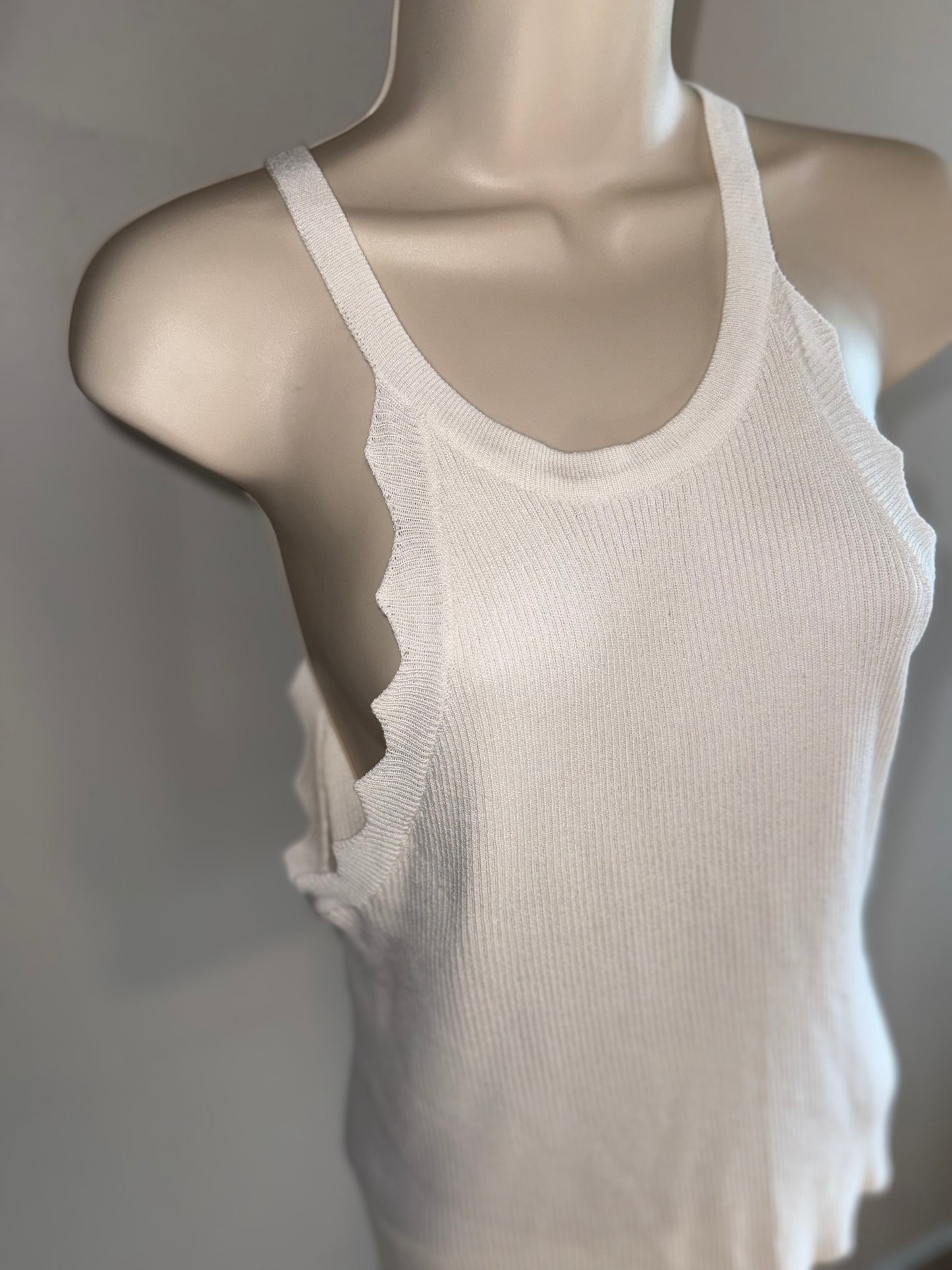 Mystree (Medium) Off White Ribbed Tank Top with Ruffle Trim