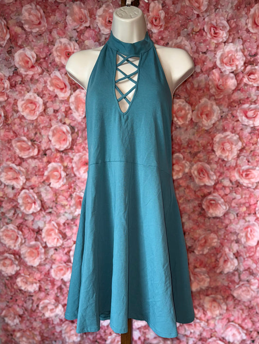 NWT Express (Large) Brand New Teal Halter Neck Open Back V-Neck Midi Dress