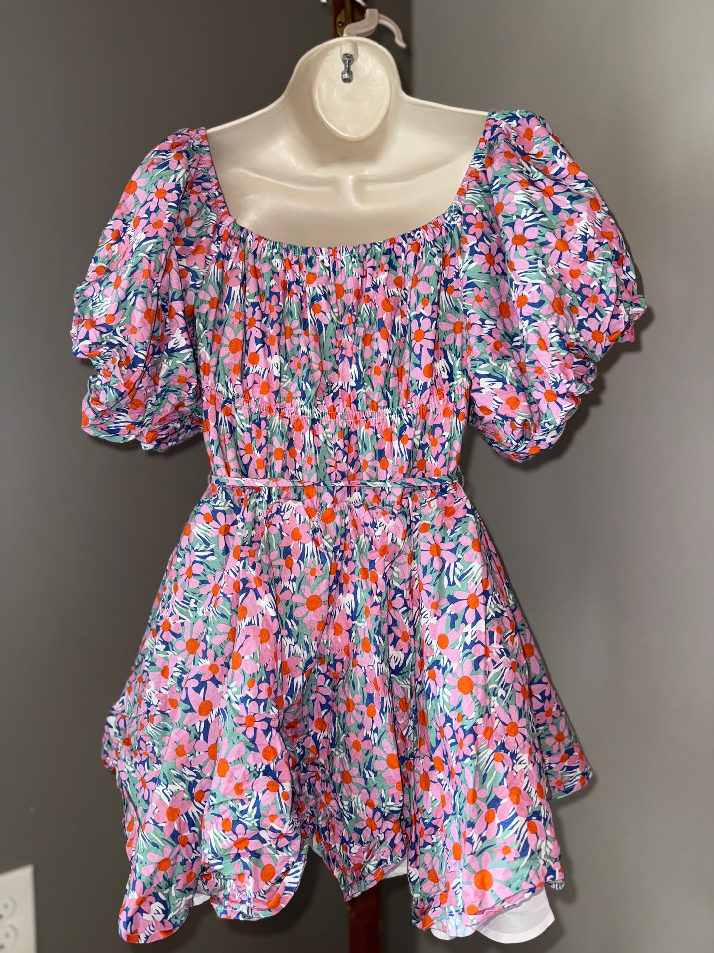 Altar'd State (XS) Colorful Floral Midi Dress with Puff Sleeves