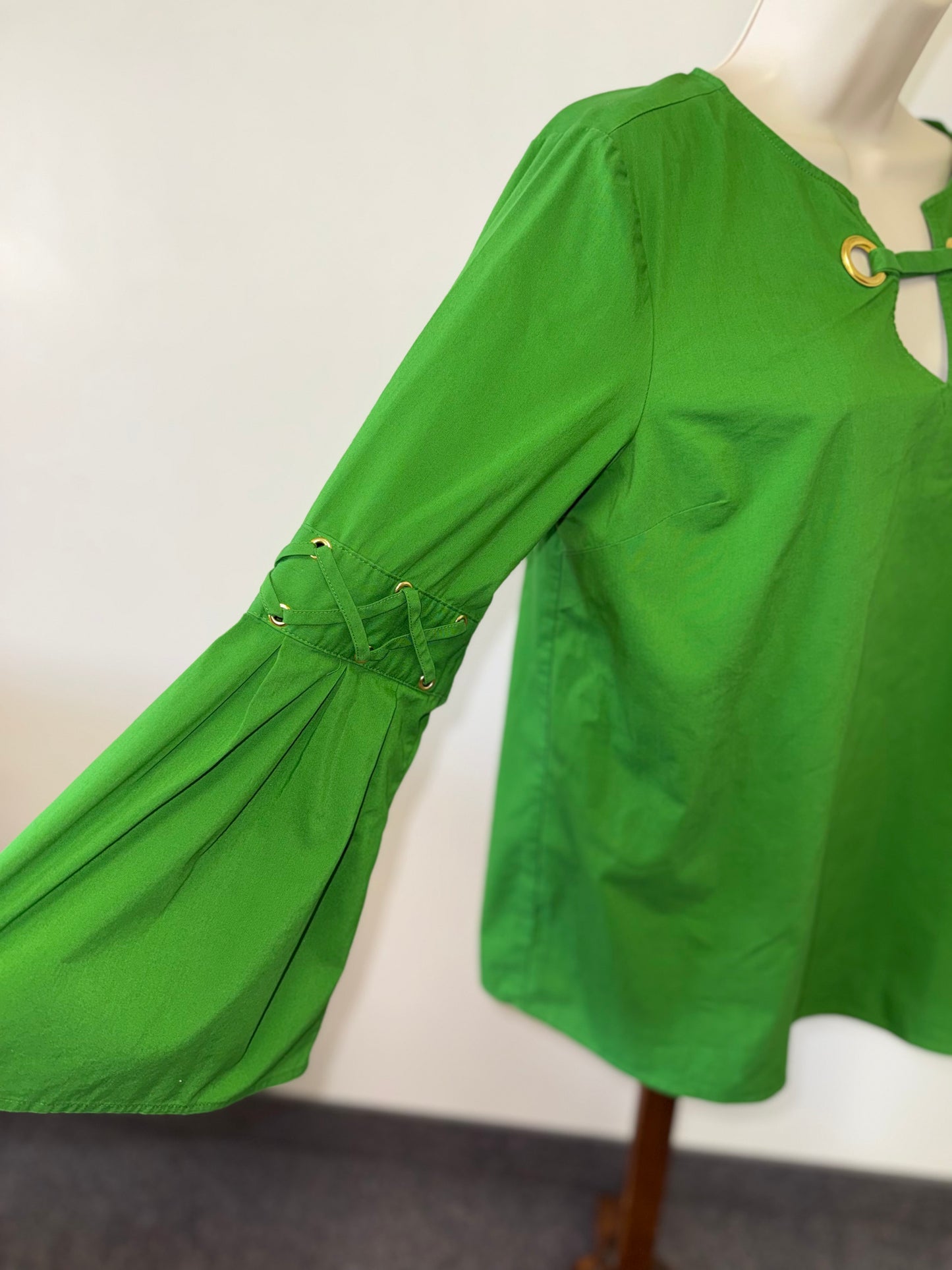 Michael Kors (Medium) Green V-Neck Blouse with Flare Sleeves