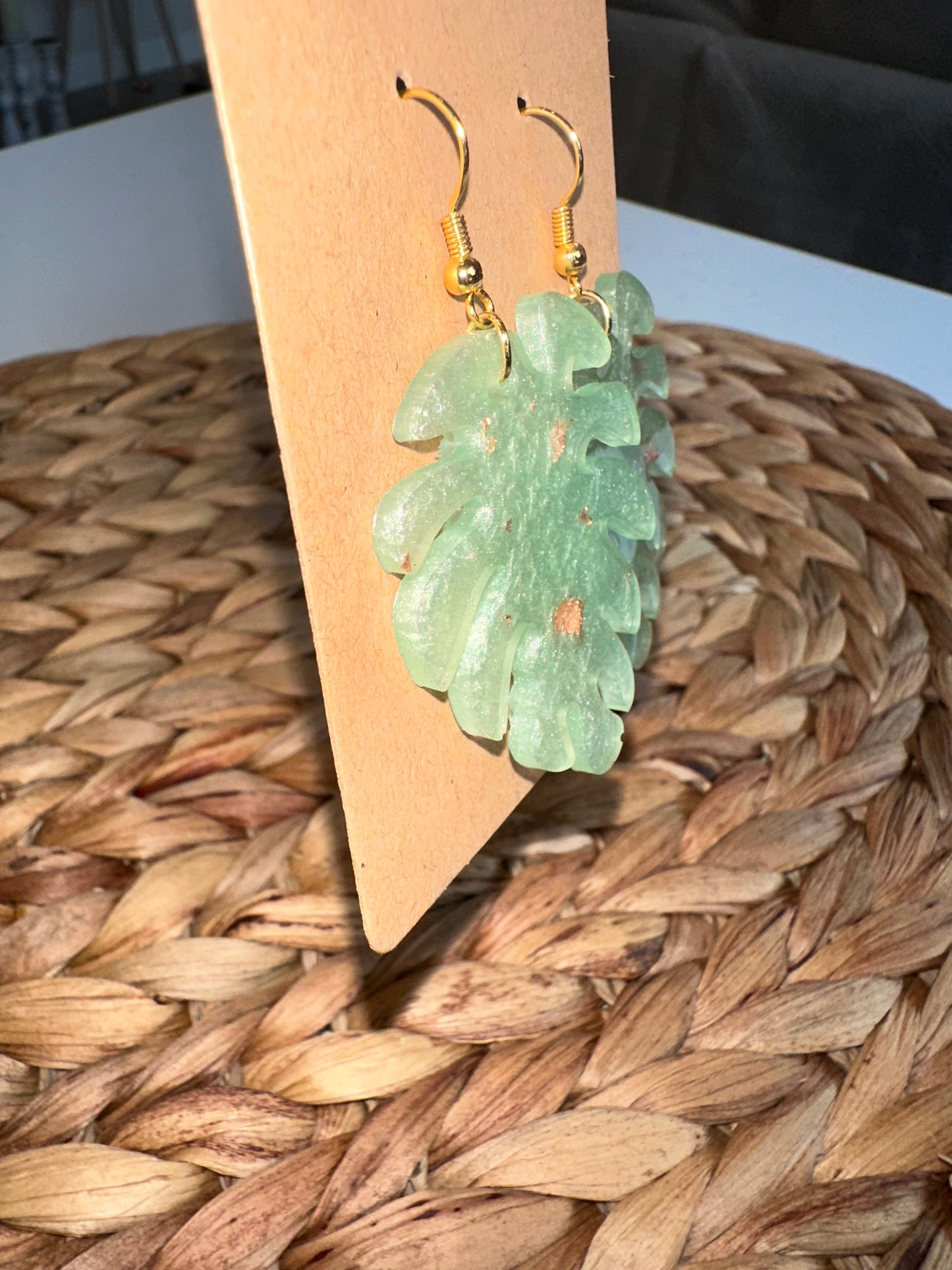 Brand New Handmade Green Leaf Acrylic Earrings with Gold Specs