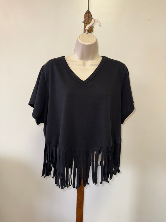 Versona (Large) Black Crop Top with Tassel/Frayed Bottom Hem