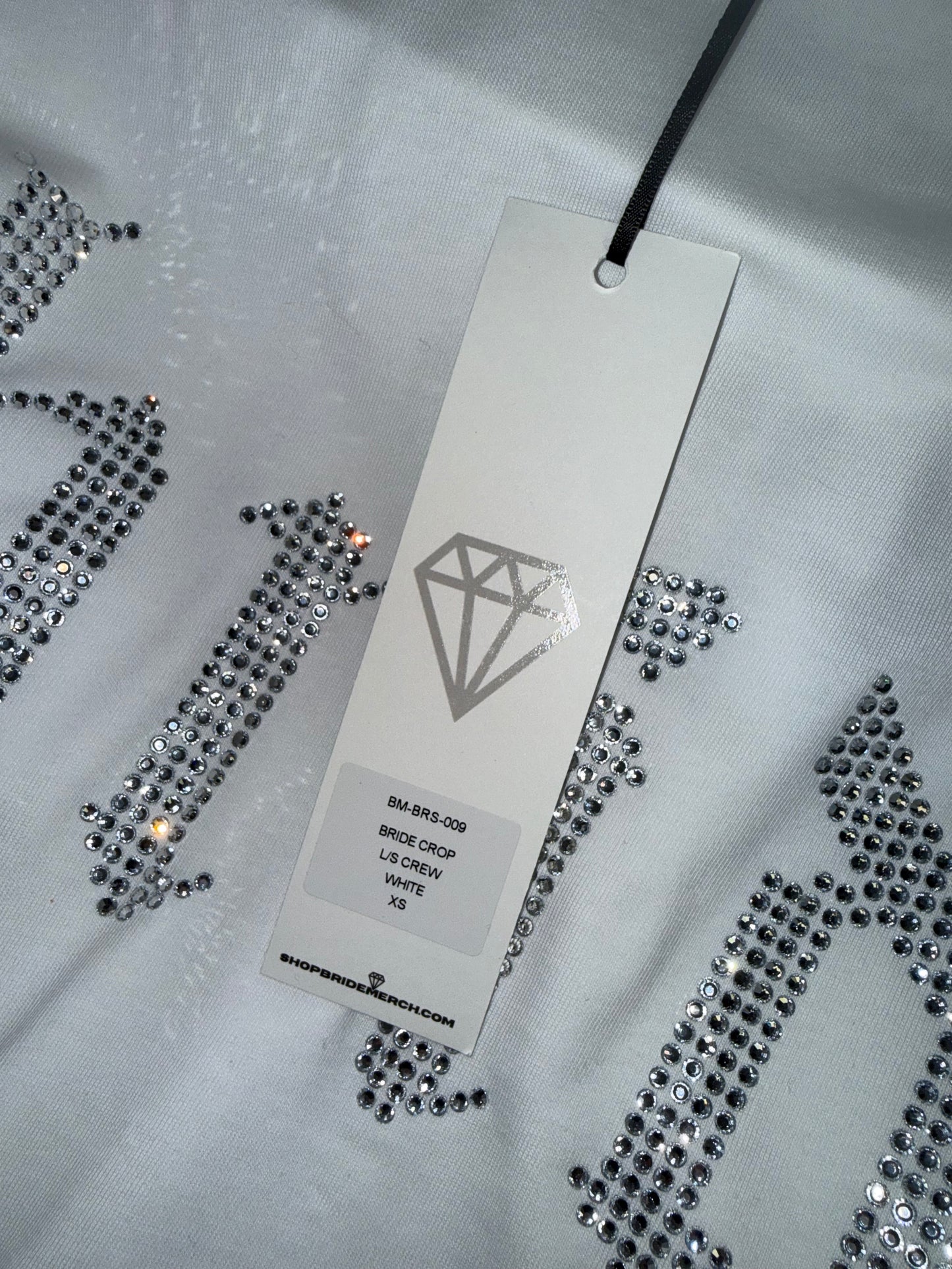NWT Bride Merch (Small OR XS) Brand New Jeweled 'Bride' White Long Sleeve Crop Top