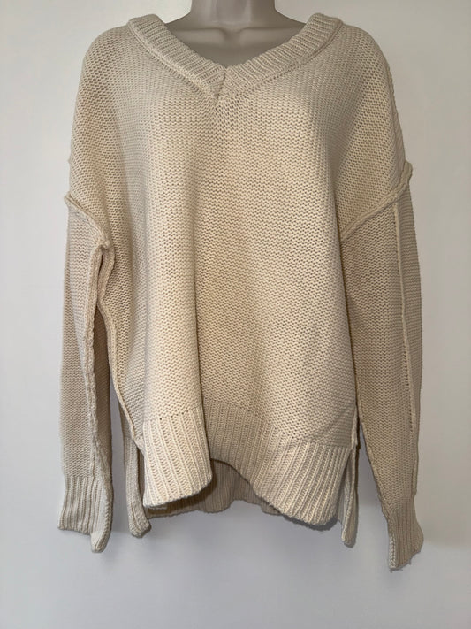New In (Medium) Cream Cozy Oversized Cream V-Neck Knit Sweater