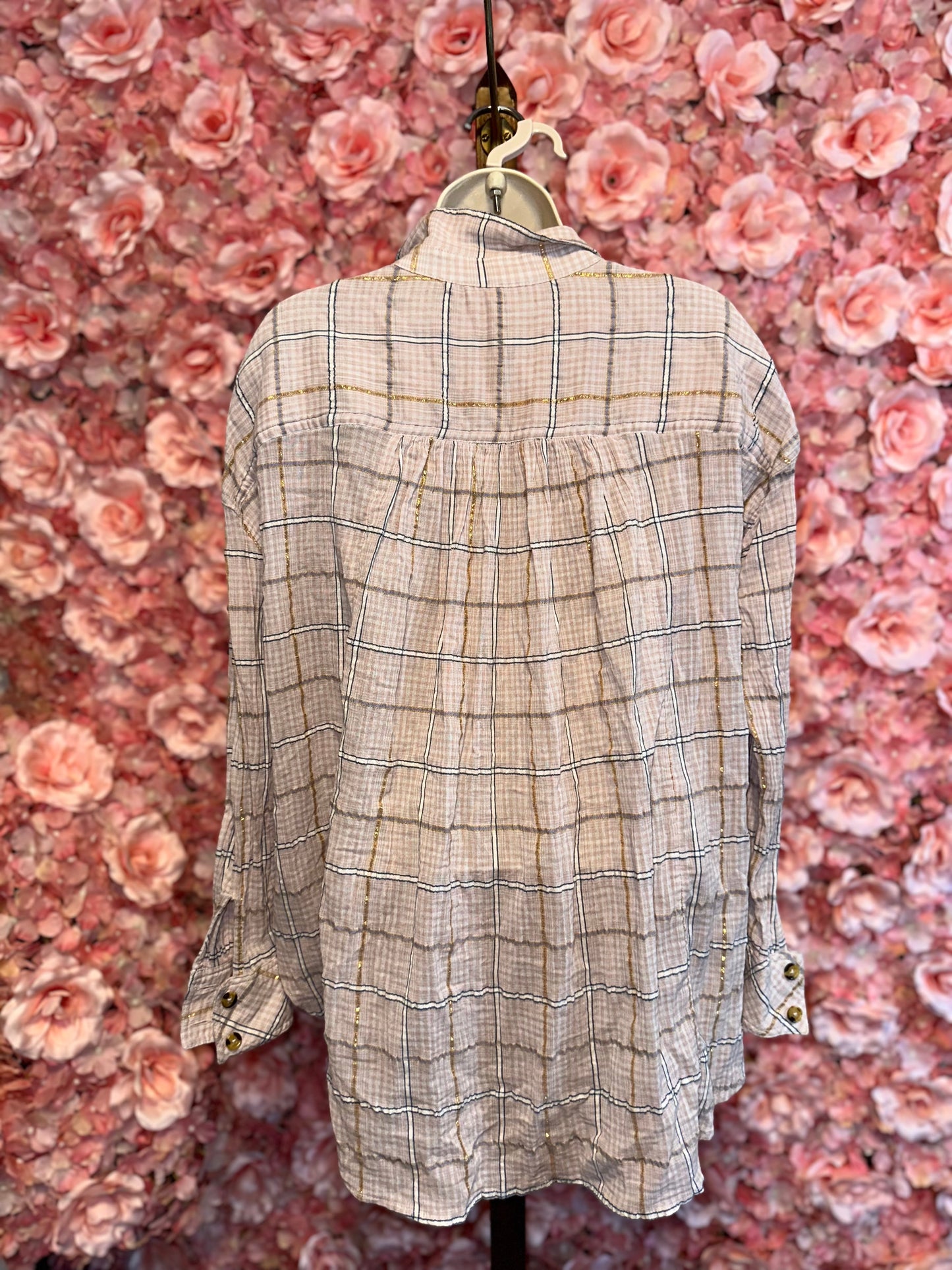 Free People (Small) Pink Metallic Oversized Lightweight Flannel