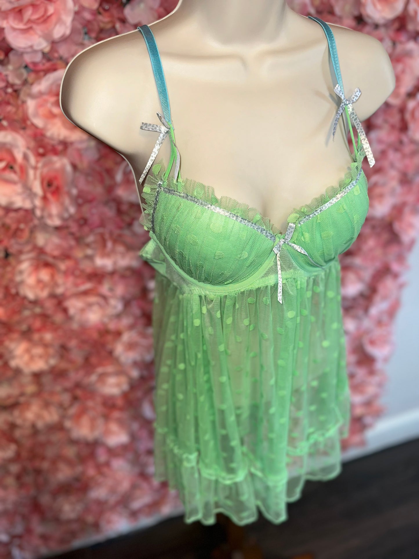 (Medium) Green Polka Dot Ruffle Sheer Lingerie Padded Bra Dress